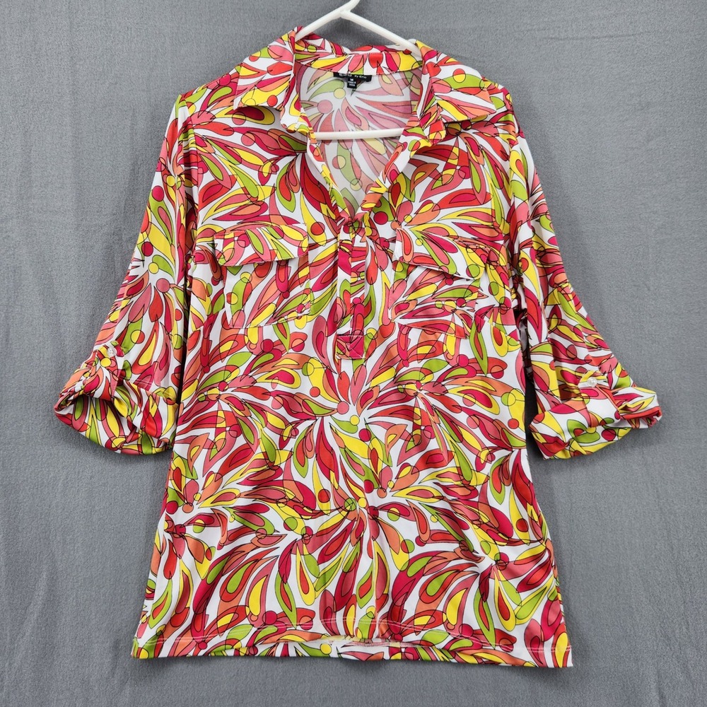 E39 By Eric Women Psychedelic Floral Tunic Top Multicolor 3/4 Roll Sleeve Medium